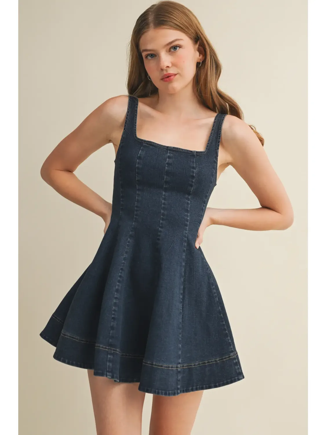 Indigo Square Neck Seamed Fit-And-Flare Dress