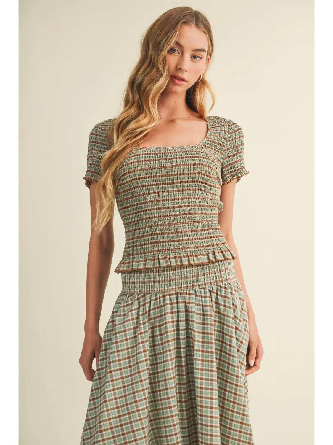 Brown Multi Square-Neck Smocked Plaid Blouse