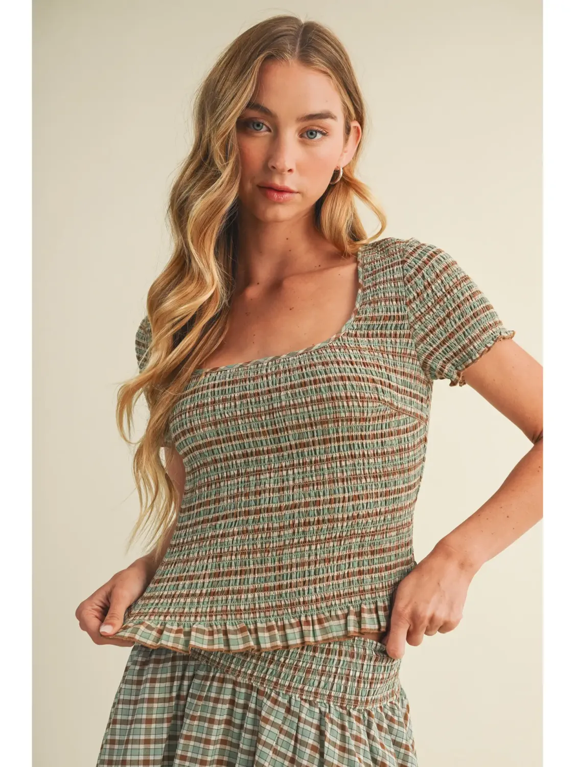 Brown Multi Square-Neck Smocked Plaid Blouse