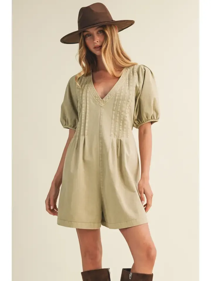 Pintuck V-Neck Puff Sleeve Romper