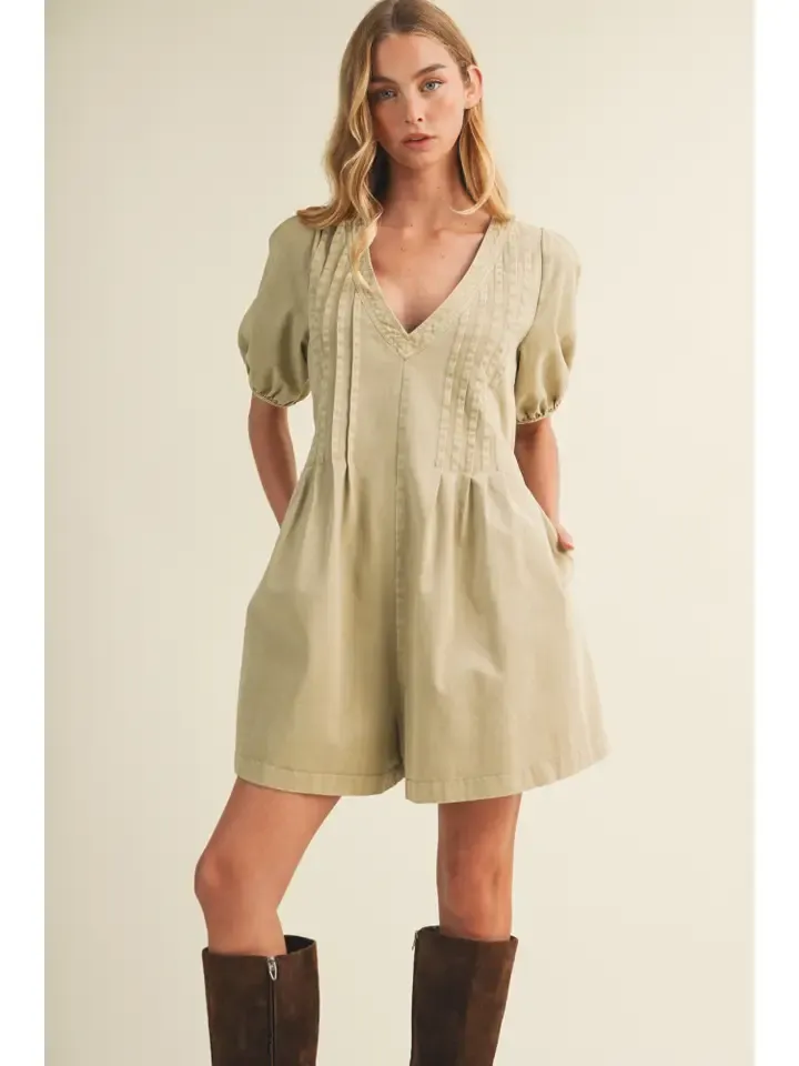 Pintuck V-Neck Puff Sleeve Romper