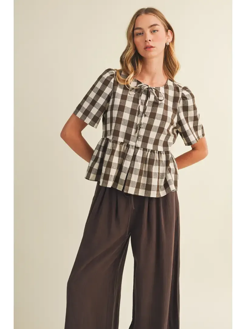 Brown Keyhole Tie-Neck Ginham Blouse