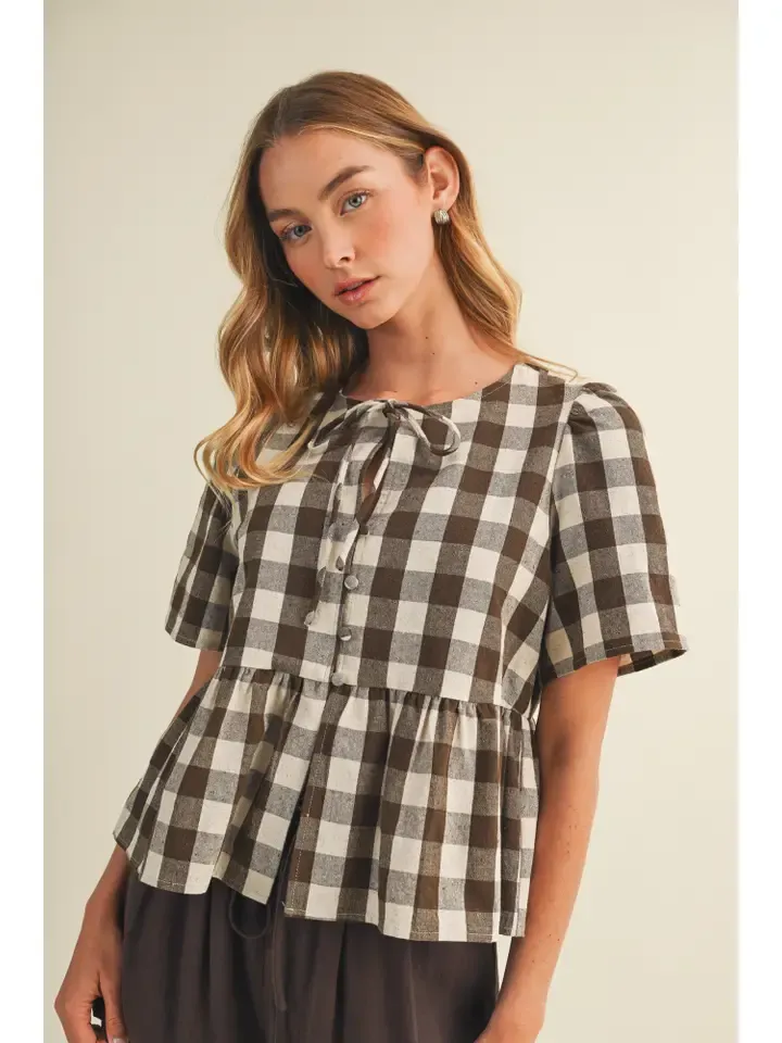 Brown Keyhole Tie-Neck Ginham Blouse
