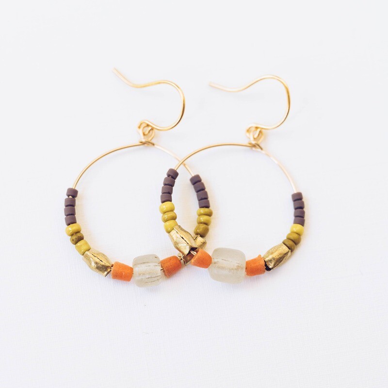 Beaded Boho coral/purple hoops