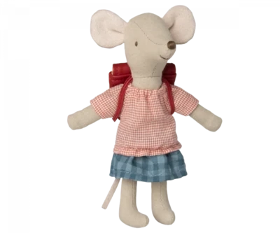 Maileg Tricycle mouse, Big sister with bag - Red