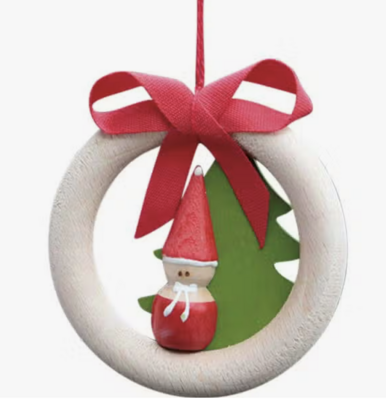 Wood Santa &amp; Tree in Ring Ornament
