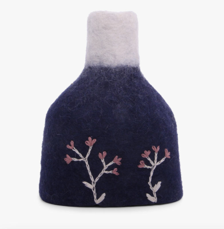 Felt Vase w/Embroidery Dark Blue/White