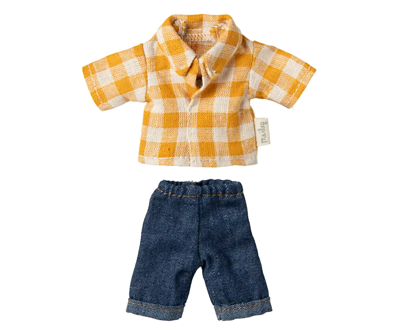 Maileg Yellow checked shirt and pants, Dad mouse
