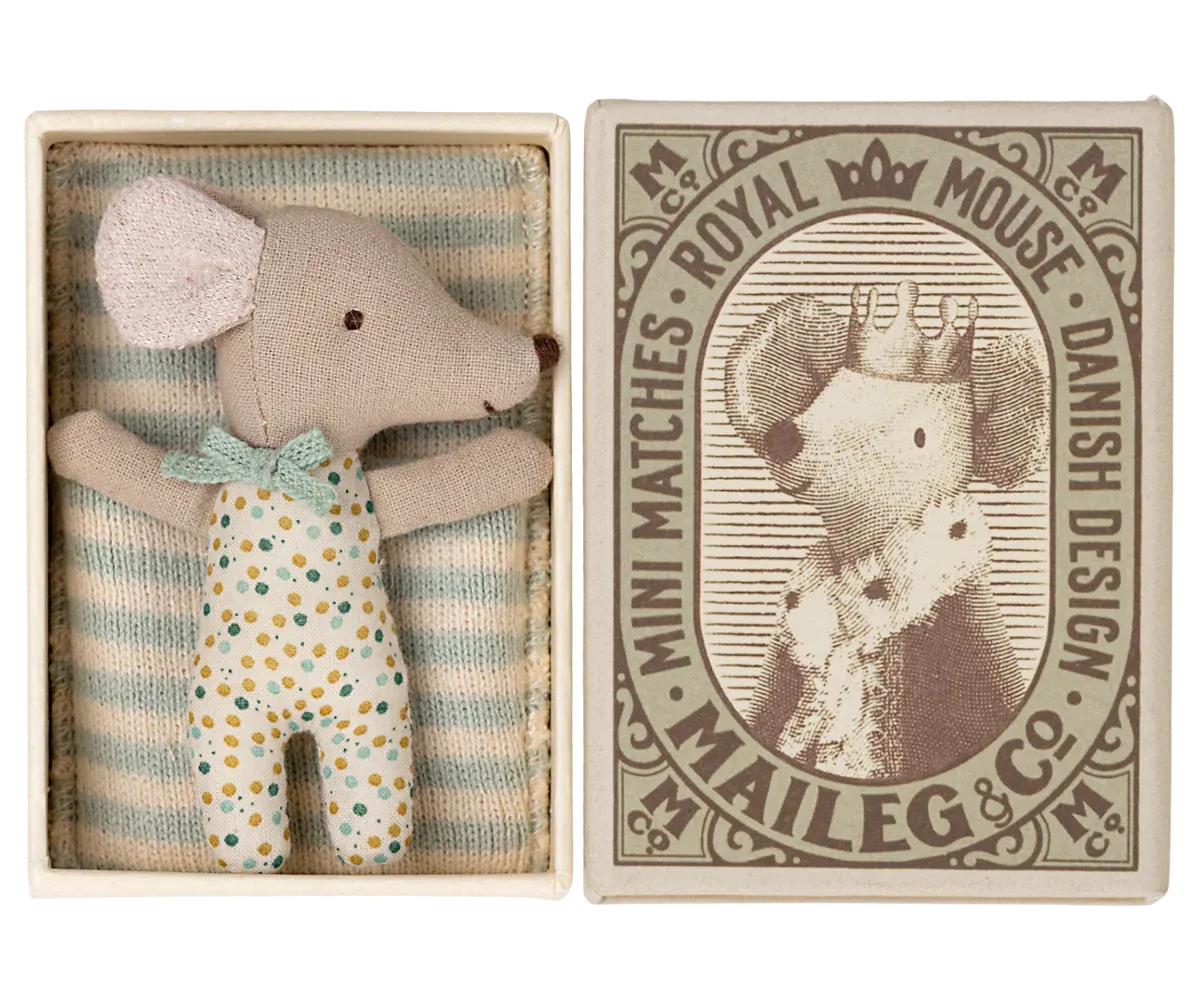 Maileg Sleepy/wakey baby mouse in matchbox - Blue