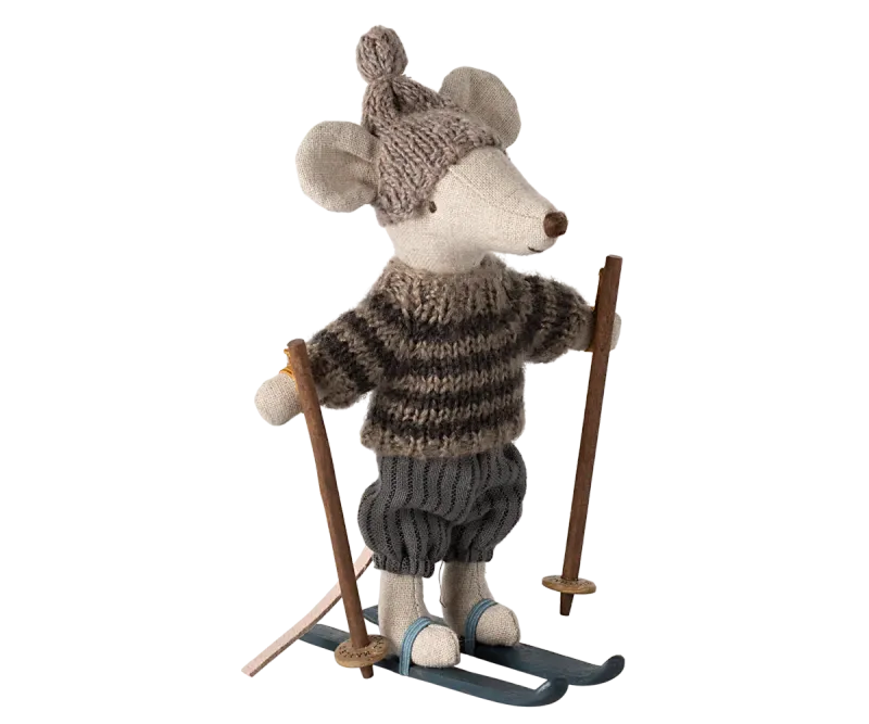 Maileg Winter mouse with ski set, Big brother - Grey