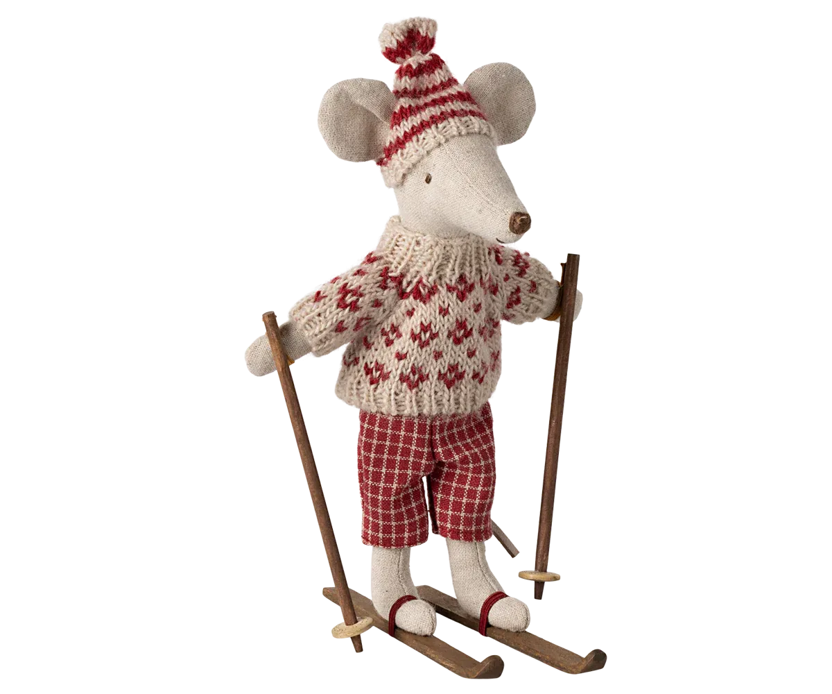Maileg Winter mouse with ski set, Mum - Red