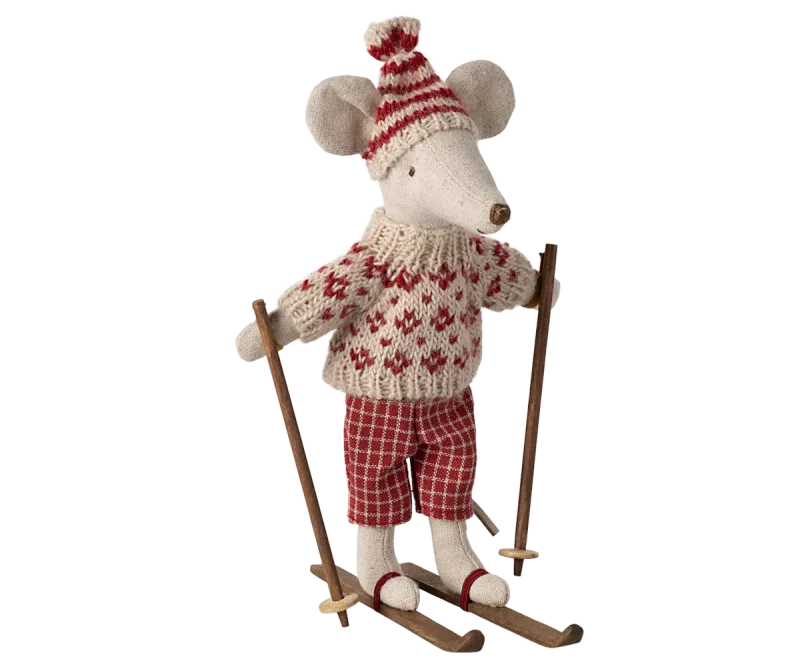 Maileg Winter mouse with ski set, Mum - Red