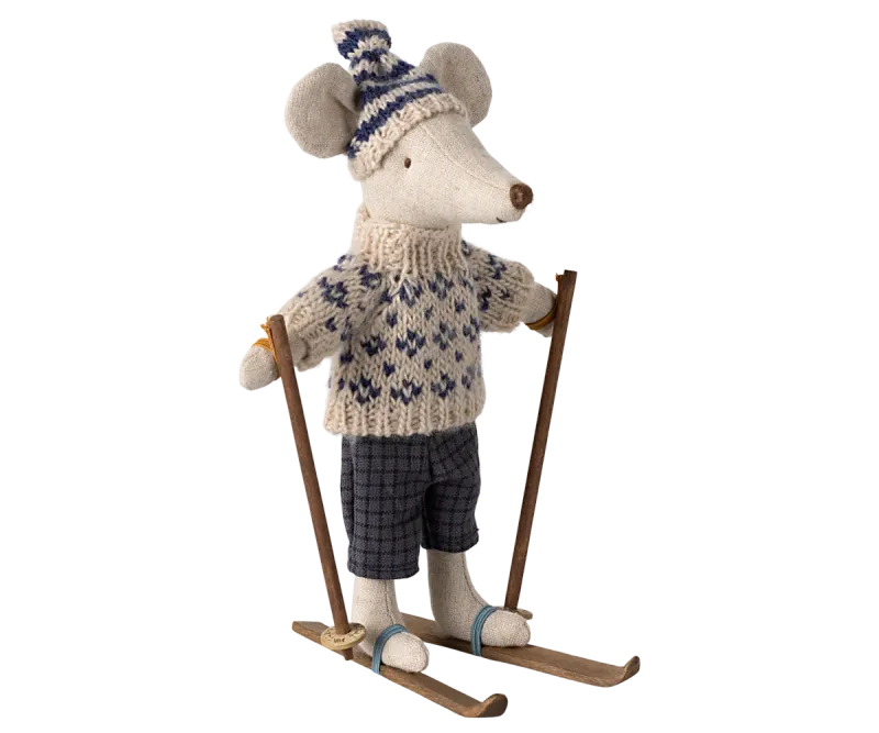 Maileg Winter mouse with ski set, Dad - Blue