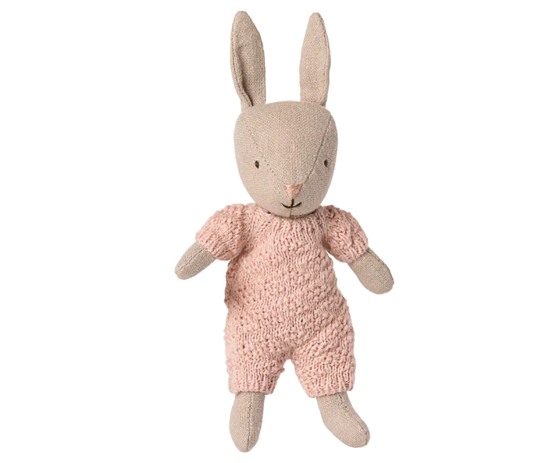 Maileg Rabbit, Micro - Sand - Rose knitted suit