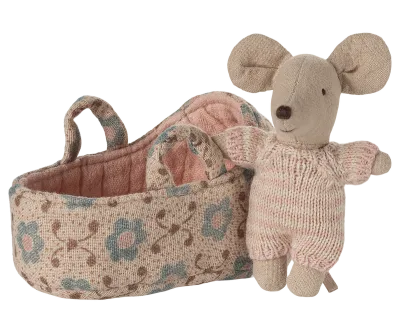 Maileg Baby mouse in carry cot - Rose