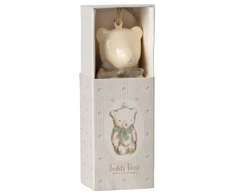 Maileg Metal ornament, Teddy bear - Off white/Blue