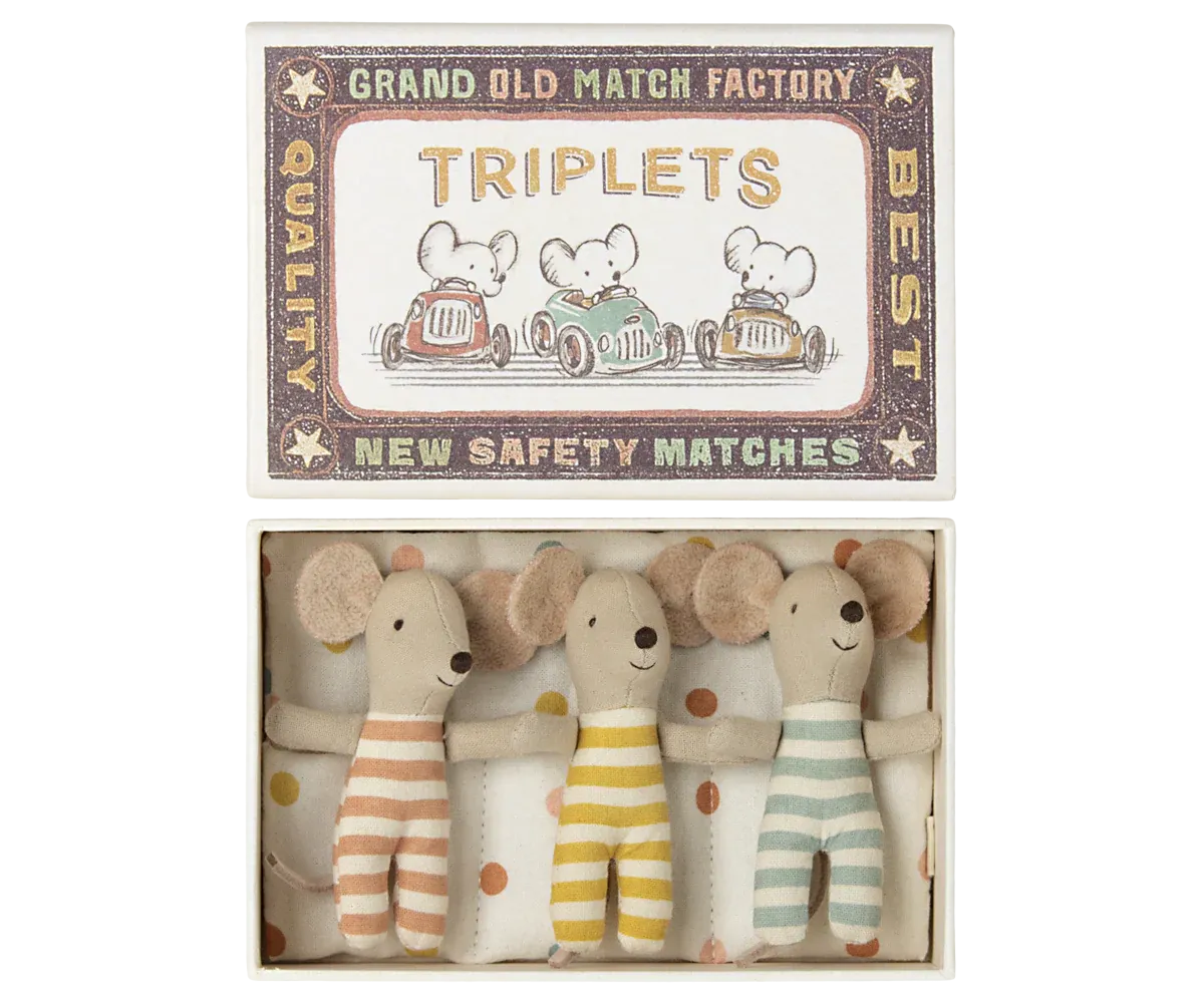 Maileg Baby Mice Triplets Matchbox Polka Dots