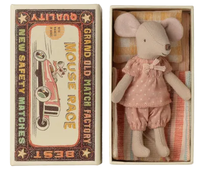 Maileg Big sister mouse in matchbox - Pink w/white Dots