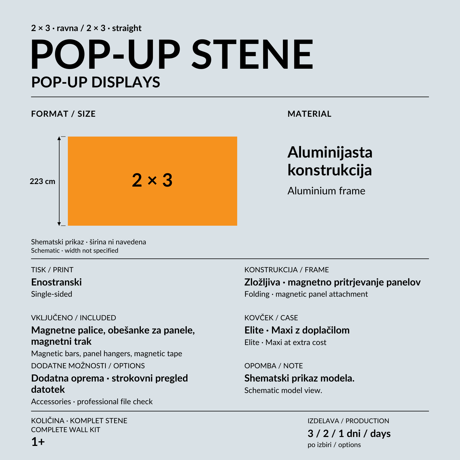 Ravna pop-up stena 2 × 3 z geometrijskim potiskom ob osebi v razstavnem prostoru.