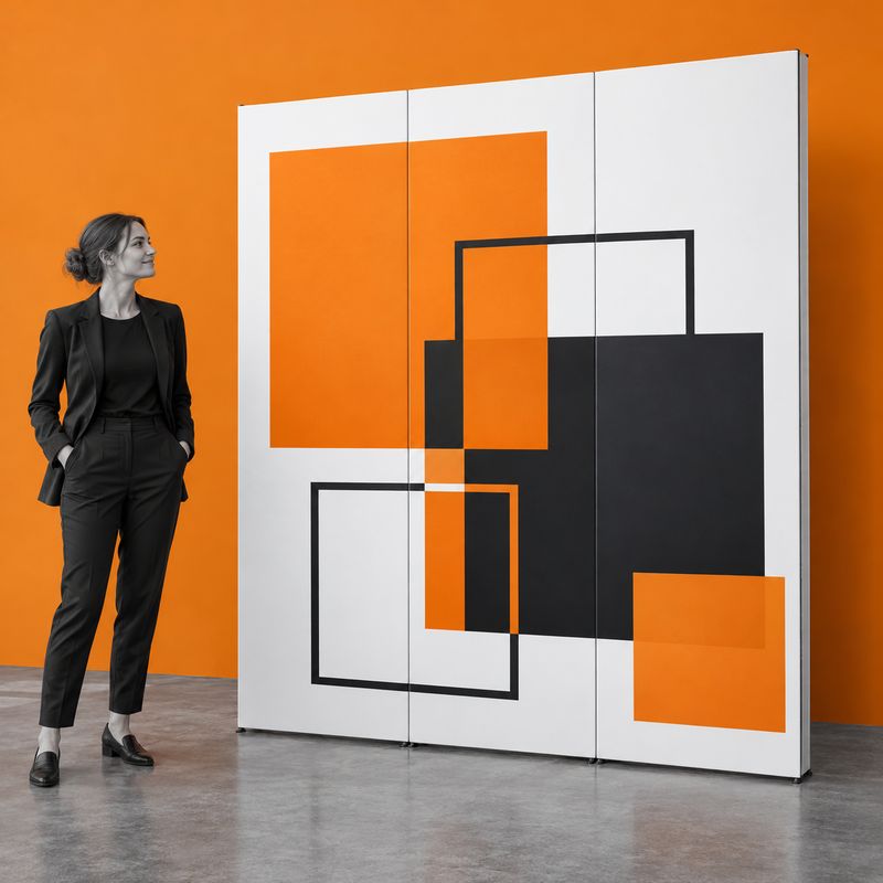 Pop-up display 2x3 flat - spletni nakup Ravna pop-up stena 2 × 3 z geometrijskim potiskom ob osebi v razstavnem prostoru.
