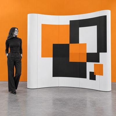 A curved 3 × 3 pop-up display with geometric print beside a person in an exhibition space.