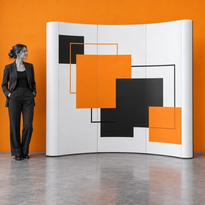 A curved 2 × 3 pop-up display with geometric print beside a person in an exhibition space.