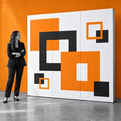 A straight 3 × 3 pop-up display with geometric print beside a person in an exhibition space.