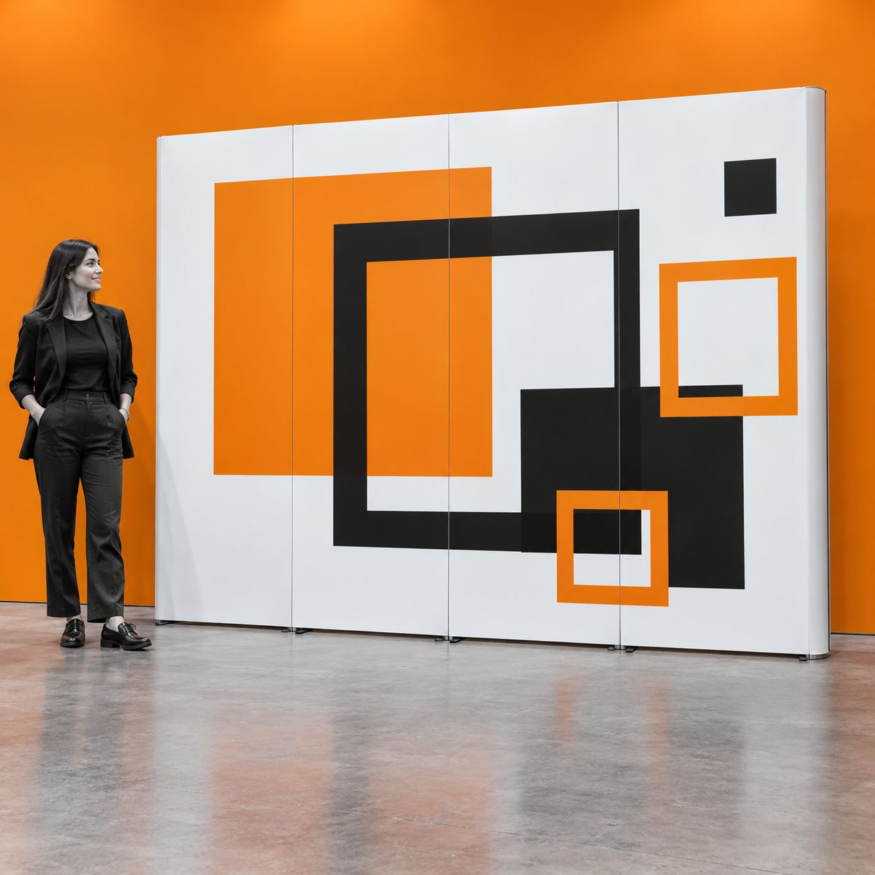 A straight 4 × 3 pop-up display with geometric print beside a person in an exhibition space.