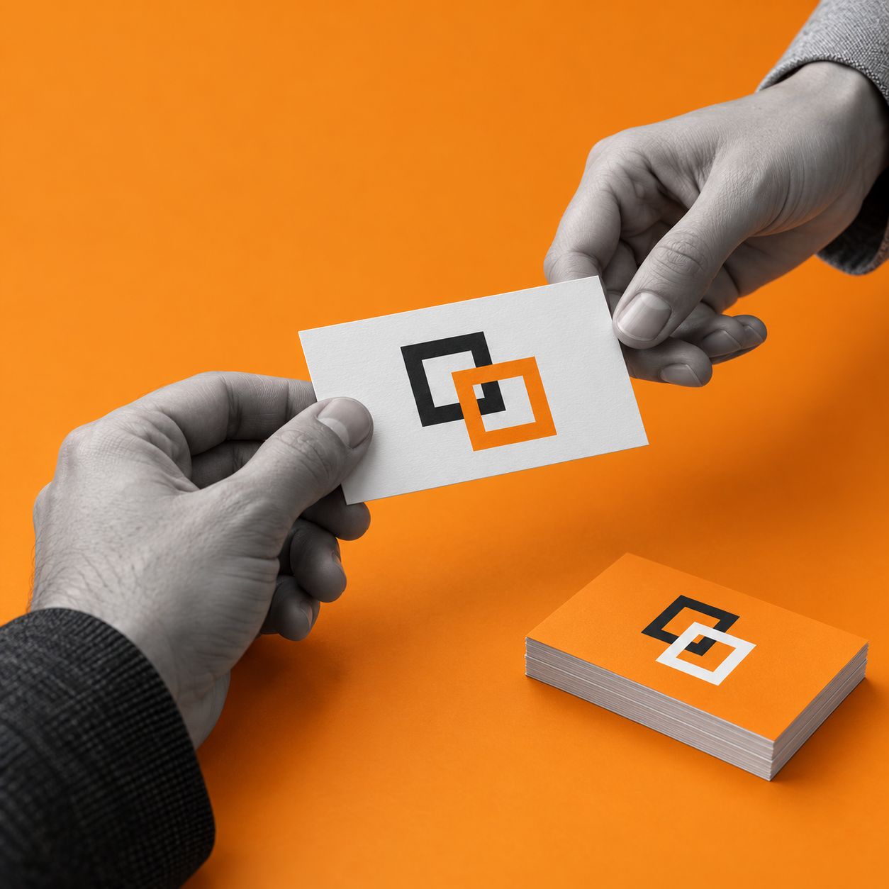 Izmenjava standardne vizitke 85 × 55 mm; ob rokah je sklad vizitk na oranžni podlagi.
