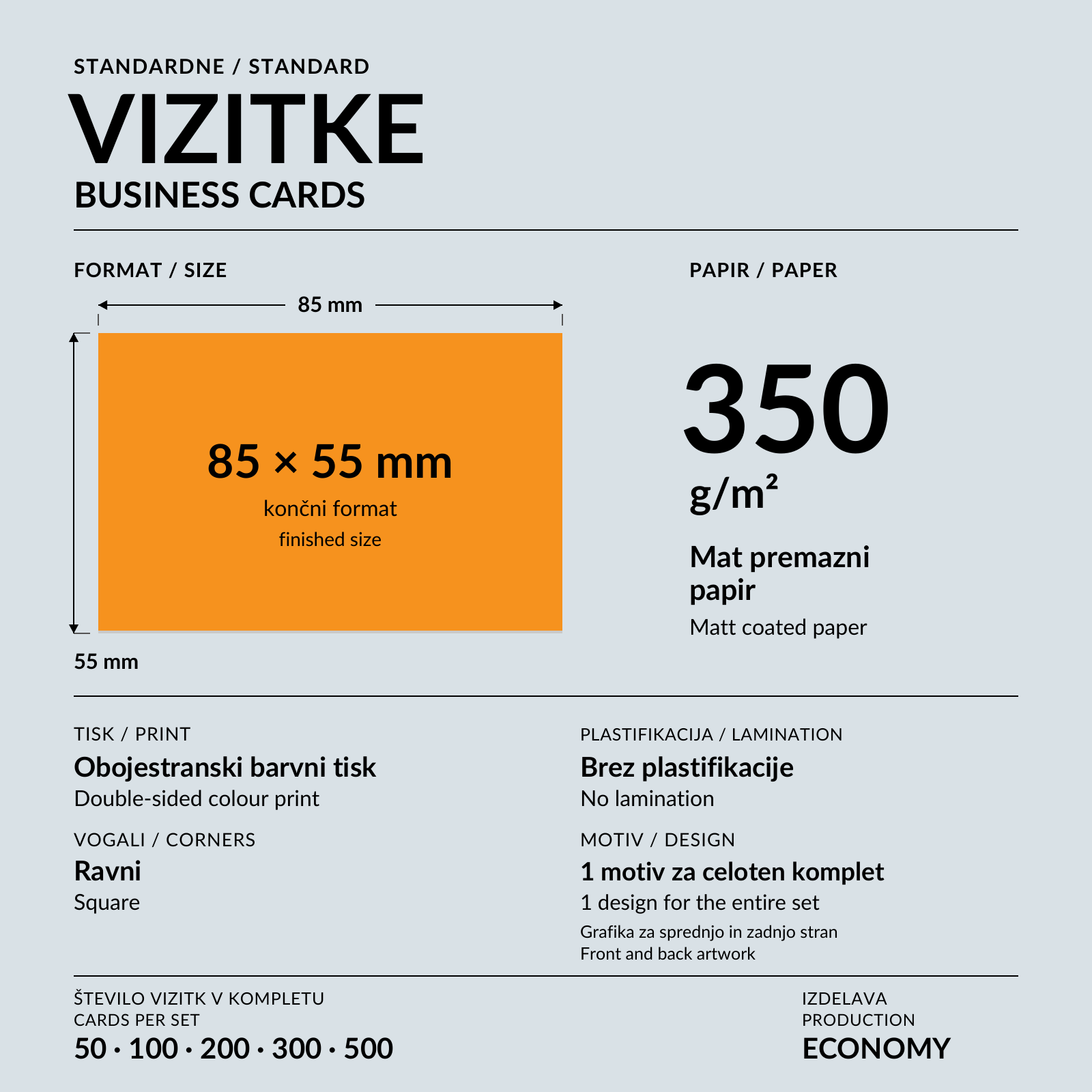 Izmenjava standardne vizitke 85 × 55 mm; ob rokah je sklad vizitk na oranžni podlagi.