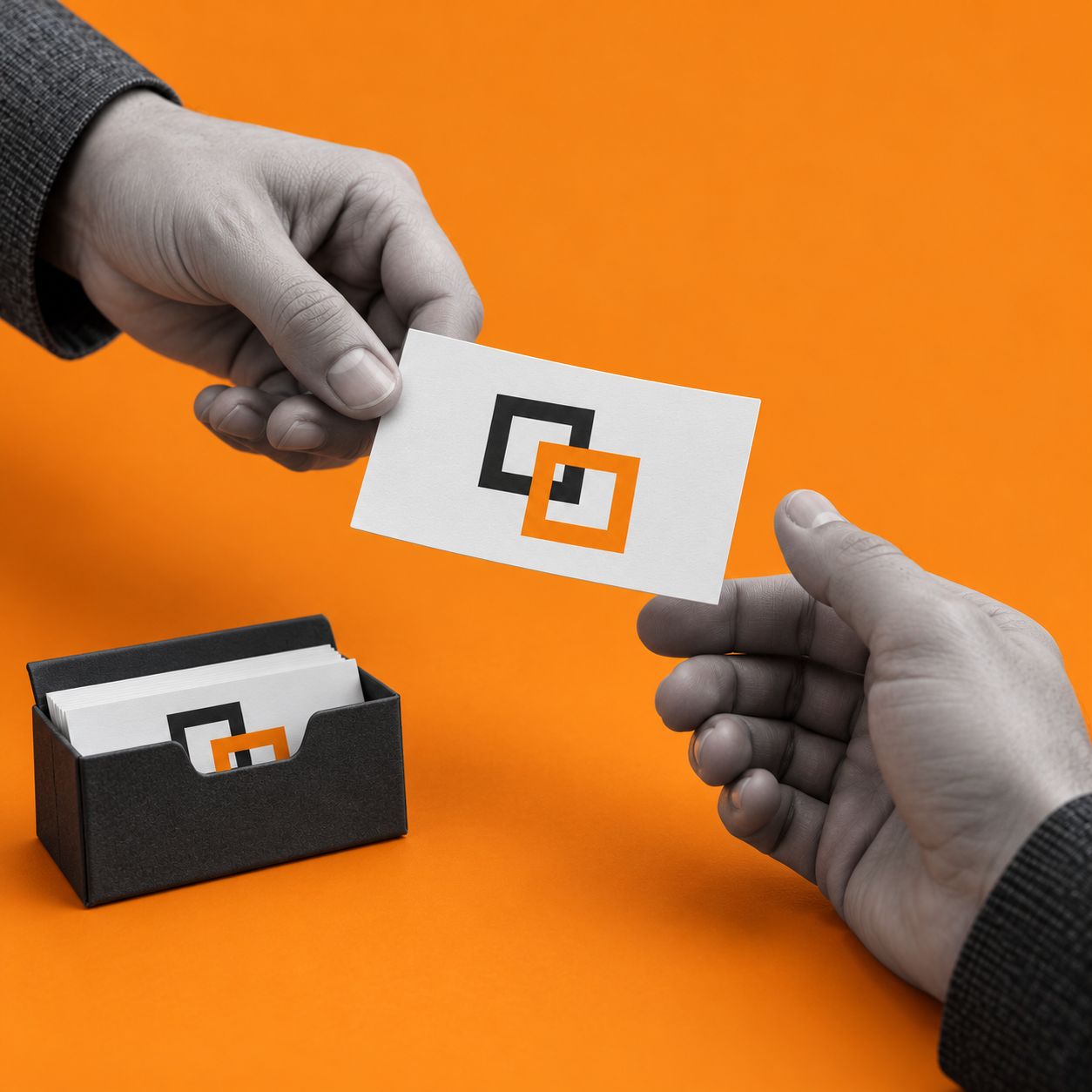 Izmenjava neuničljive vizitke Nevertear ob črnem etuiju na oranžni podlagi.
