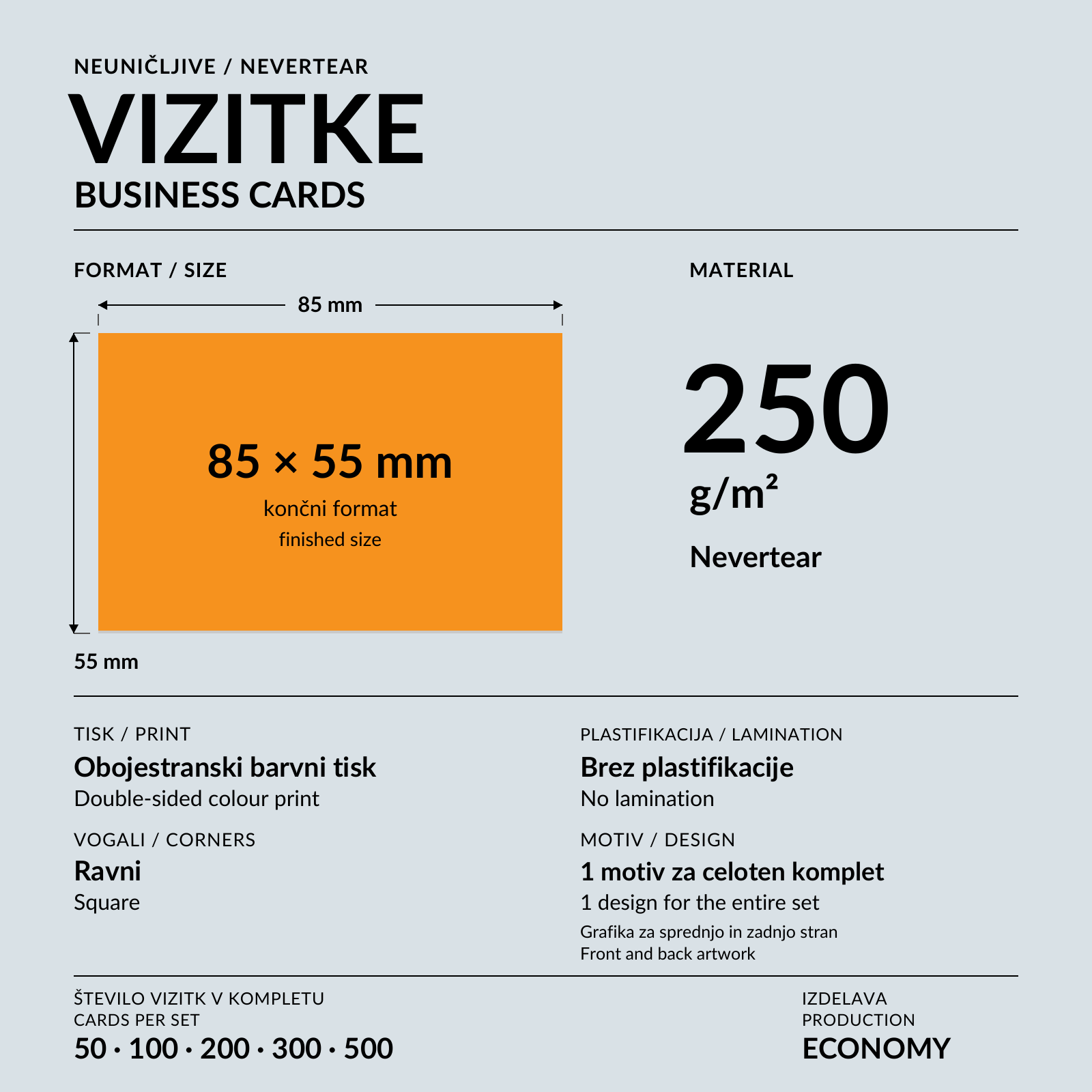 Izmenjava neuničljive vizitke Nevertear ob črnem etuiju na oranžni podlagi.