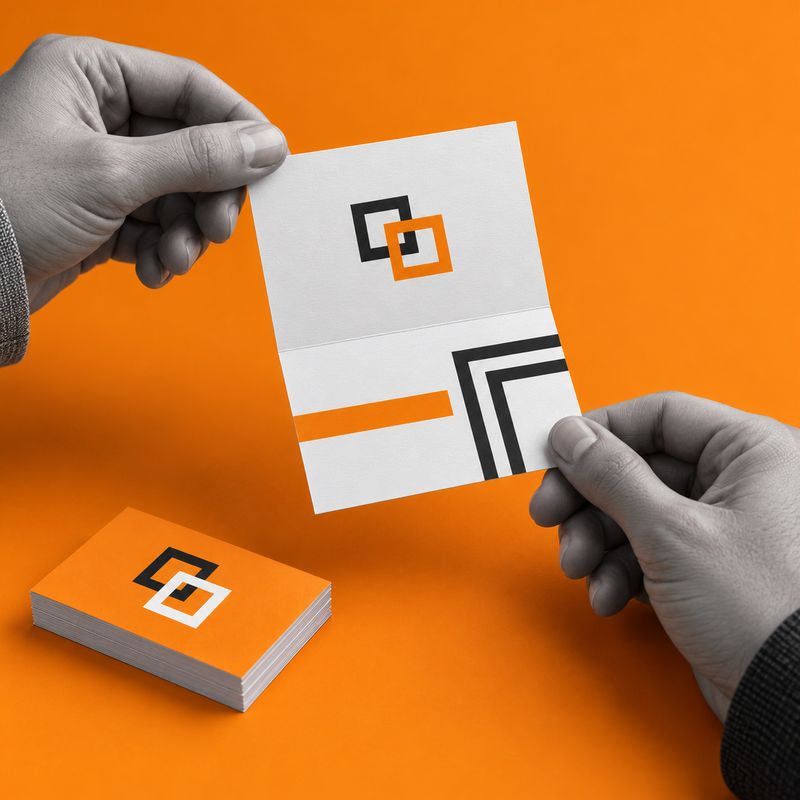 Odpiranje pregibne vizitke 85 × 55 mm P na oranžnem ozadju, z vidnima notranjima površinama.