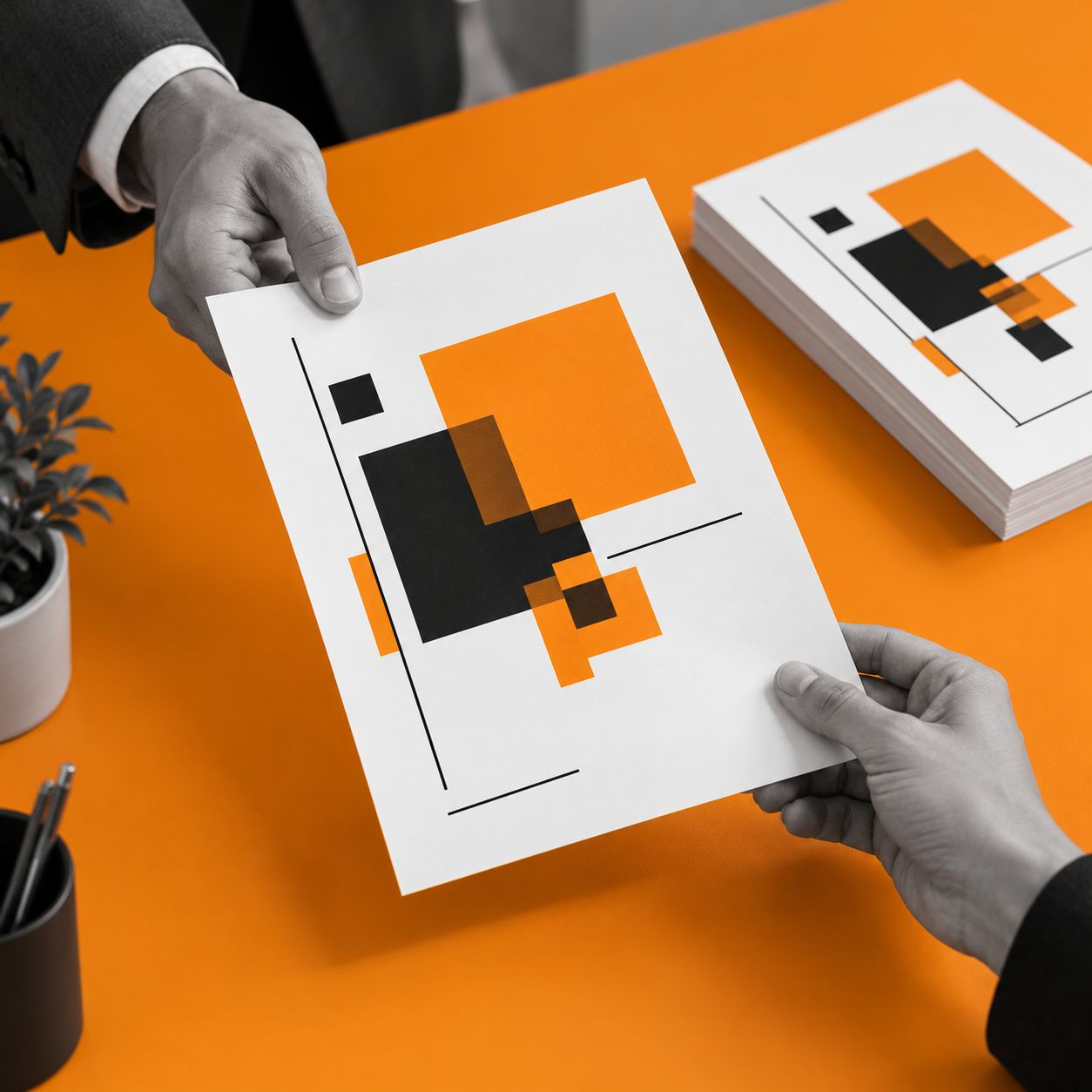 Predaja letaka A4 z oranžno-črno grafiko na oranžni mizi.