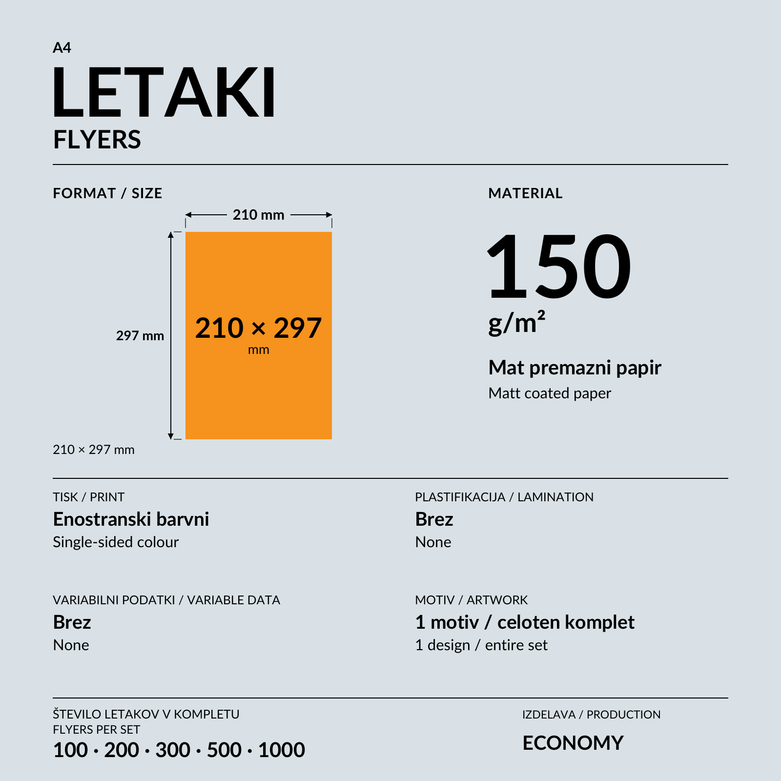 Predaja letaka A4 z oranžno-črno grafiko na oranžni mizi.