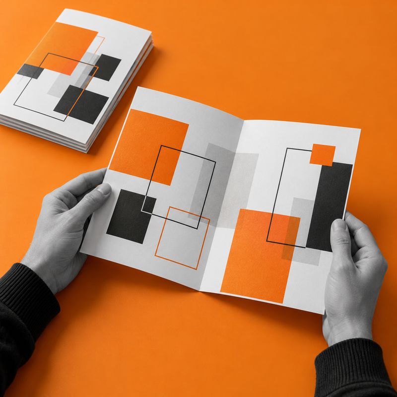 Hands opening an A5 half-fold leaflet over an orange desk.
