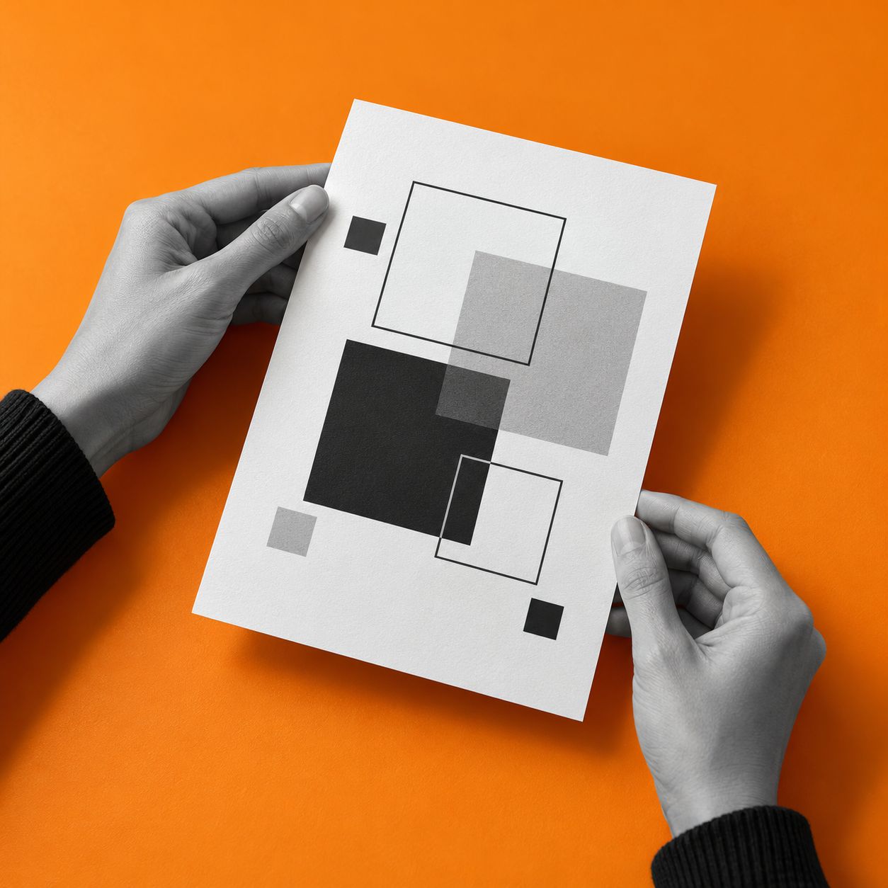 Ravno vabilo A5 s črnobelo geometrijsko grafiko v rokah nad oranžno mizo.