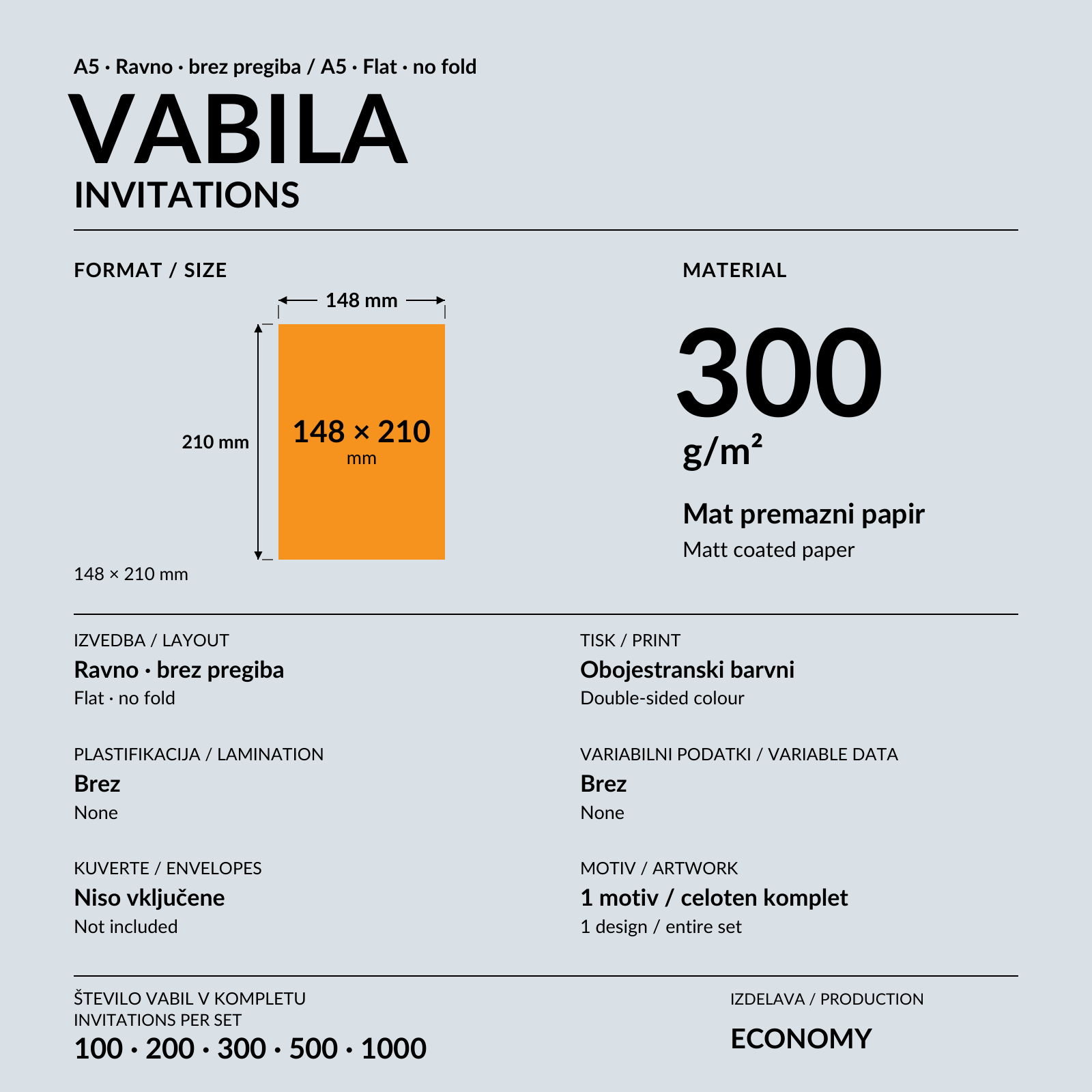 Ravno vabilo A5 s črnobelo geometrijsko grafiko v rokah nad oranžno mizo.