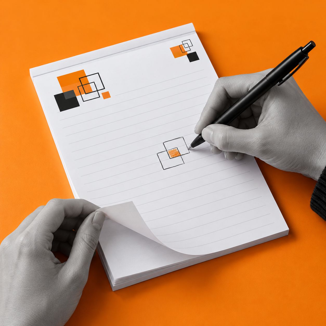 Pisanje v lepljen pisalni blok A5 z oranžno-črno glavo na oranžni mizi.