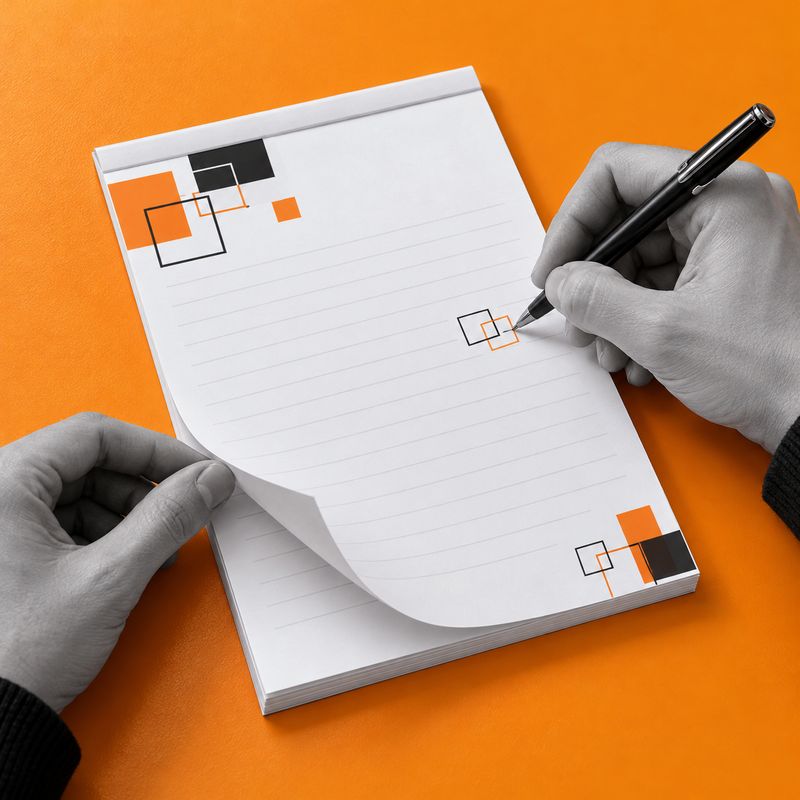Writing in an A5 carbonless pad with white sheets on an orange desk.