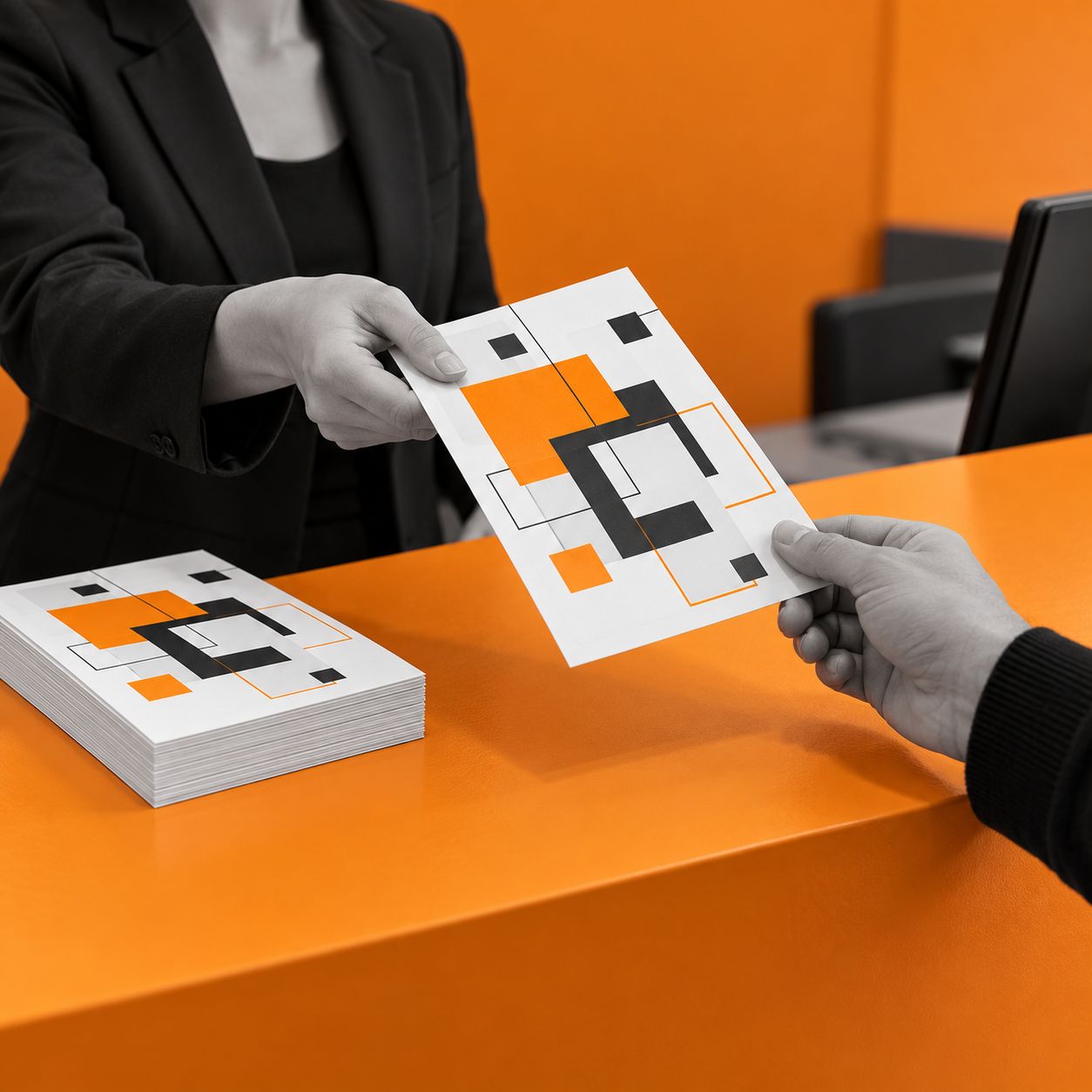Predaja letaka A5 z oranžno-črno grafiko na oranžnem pultu.