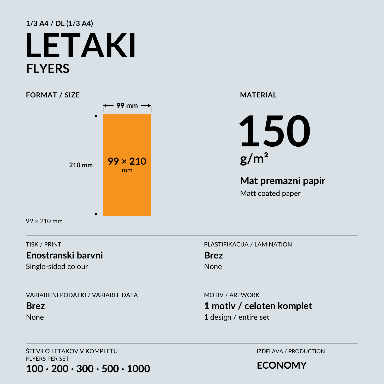 Ozek letak 1/3 A4 med predajo na oranžnem pultu, poleg sklada letakov.