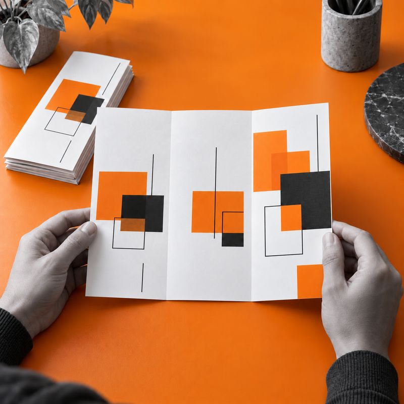 Hands hold an open DL leaflet with three equal-width panels and two folds above an orange desk.