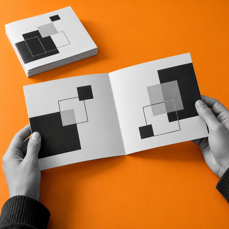 Hands opening a square Q5 half-fold leaflet over an orange desk.