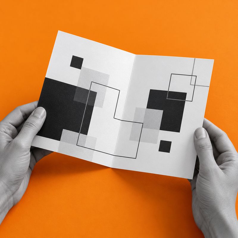 Hands opening an A6 folded invitation with grayscale geometric artwork.