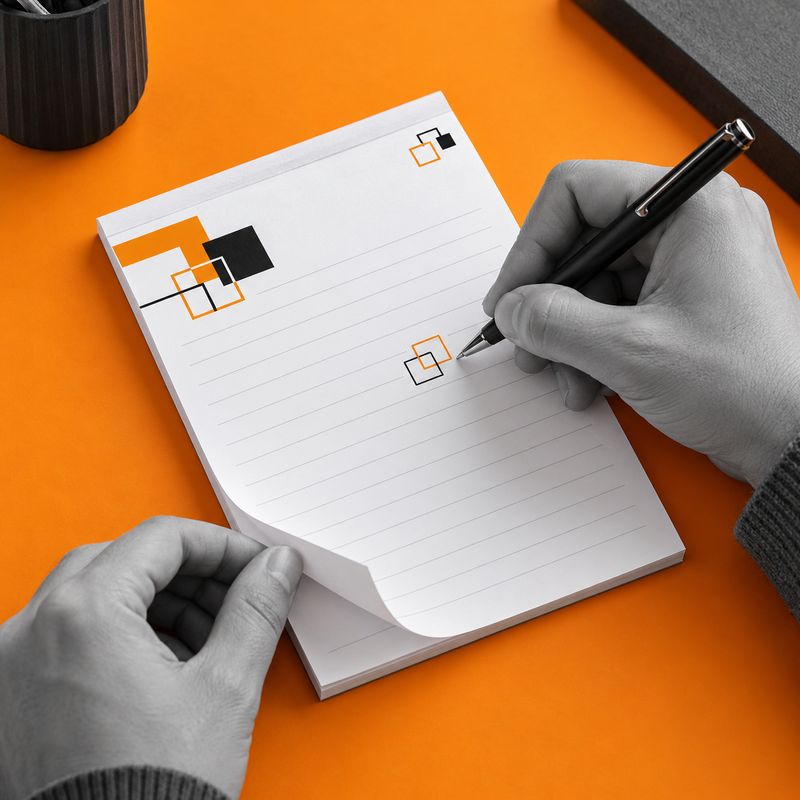 Writing in an A6 glued notepad on an orange desk.
