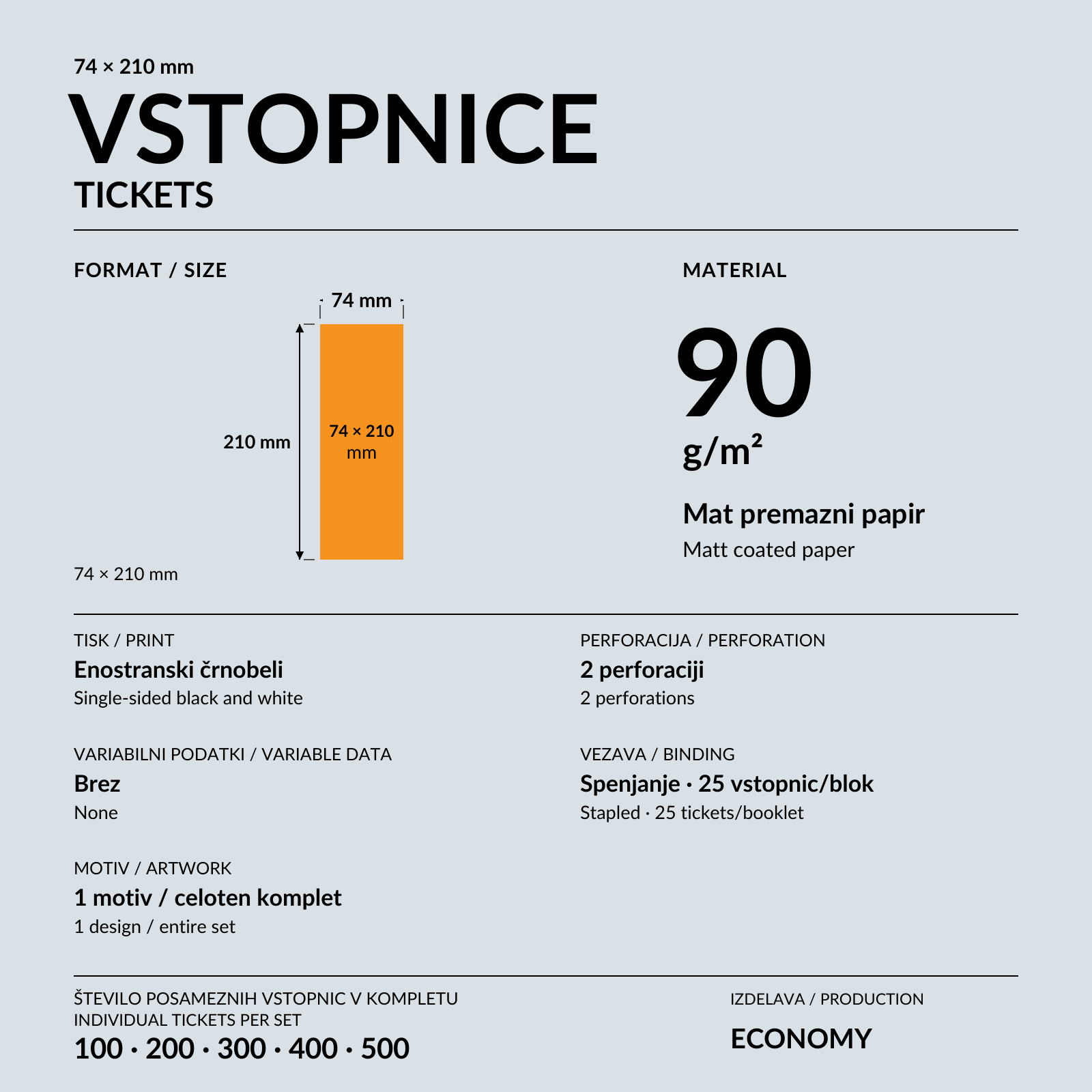 Črnobela vstopnica 74 × 210 mm med trganjem po perforaciji na oranžnem pultu.