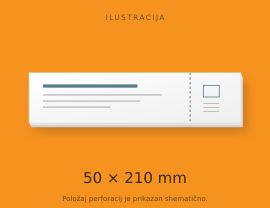 Shematska ilustracija vstopnice 50 × 210 mm z eno perforacijo. Položaj perforacije je ponazorjen.