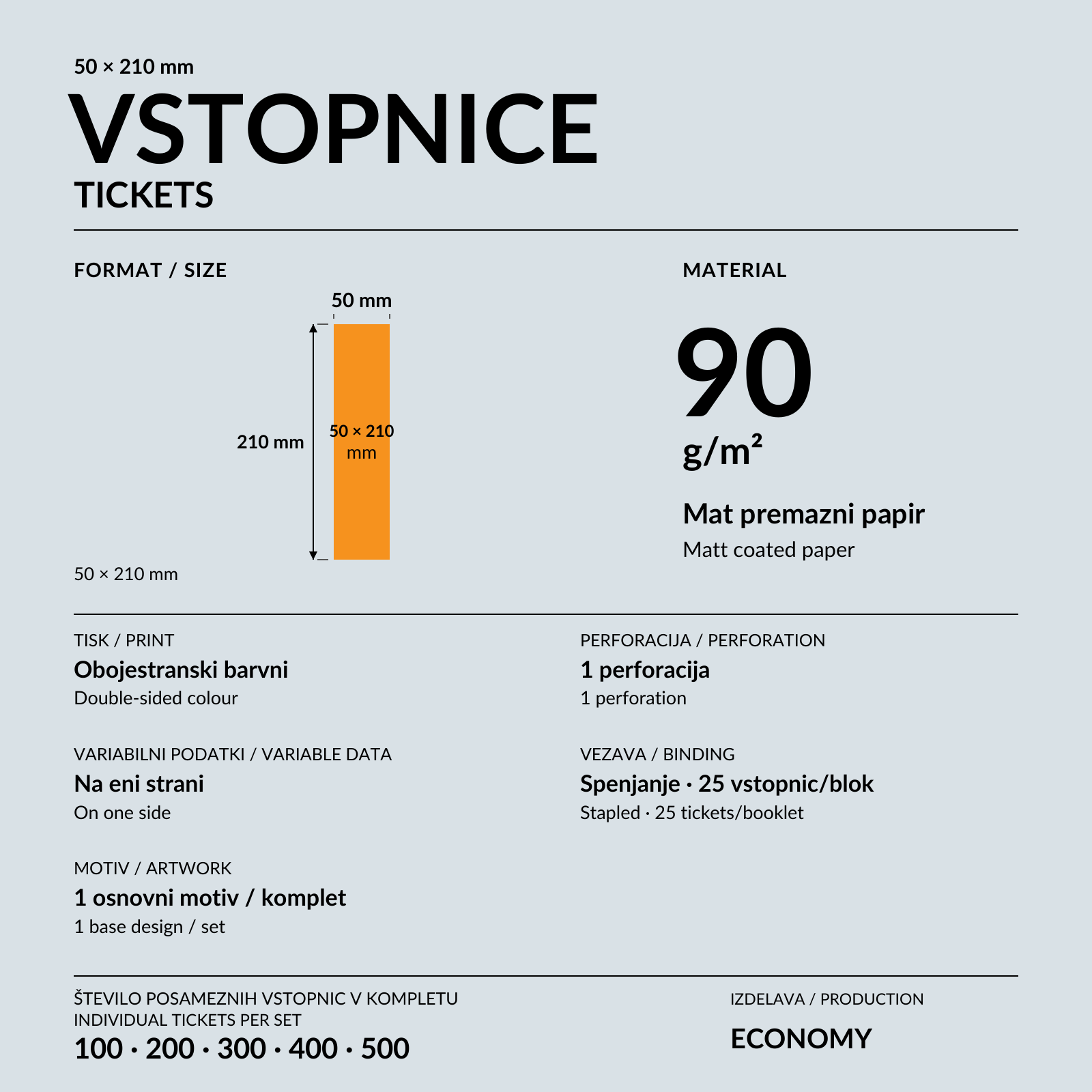 Vstopnica 50 × 210 mm z oranžno-črno grafiko med trganjem po perforaciji.