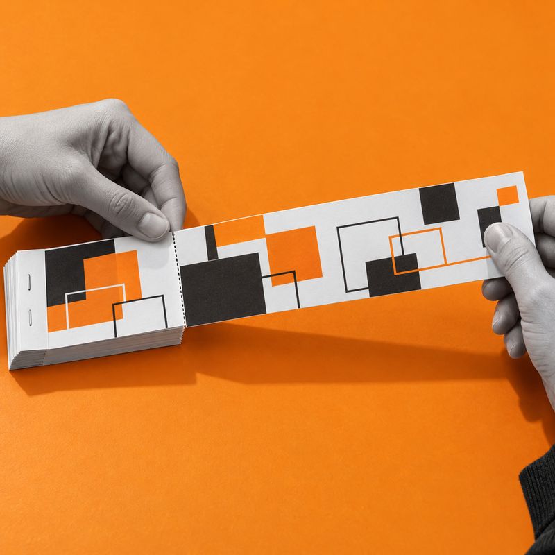 A 50 × 210 mm ticket with orange and black graphics being torn along its perforation.